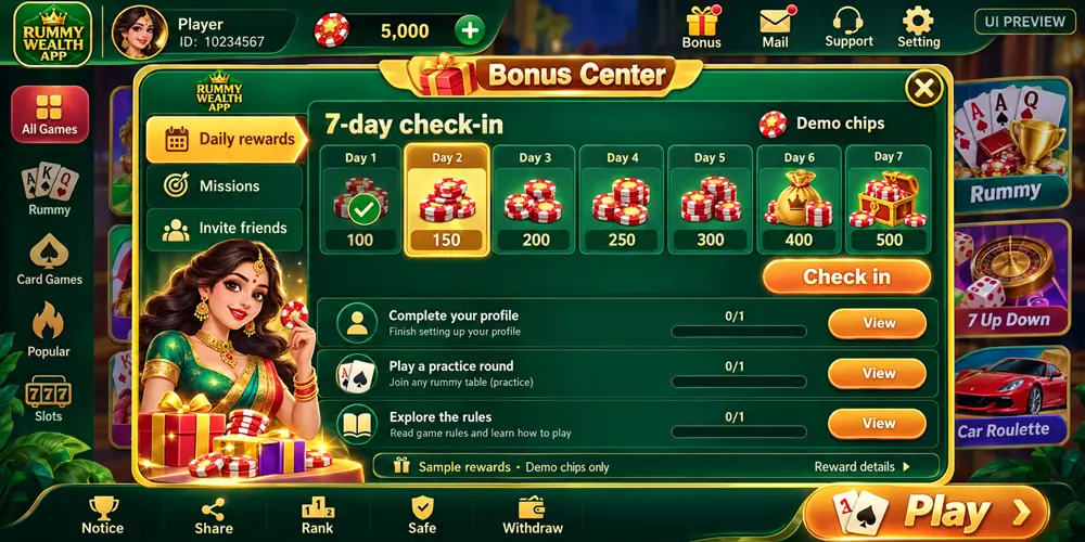 Bonus Center preview of a 7-day check-in labelled sample rewards and demo chips only