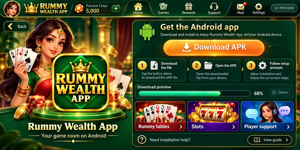Rummy Wealth Android download screen preview with a progress bar marked Demo at 68 percent