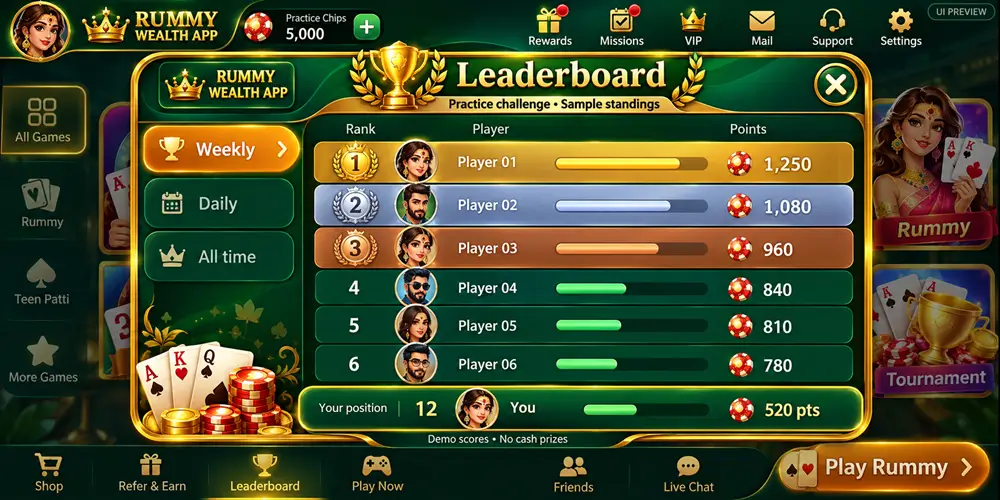Rummy Wealth leaderboard preview marked practice challenge and sample standings, with a note that demo scores have no cash prizes