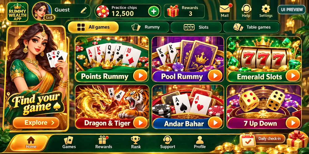 Rummy Wealth game lobby preview listing Points Rummy, Pool Rummy, Emerald Slots, Dragon and Tiger, Andar Bahar and 7 Up Down, with practice chips shown