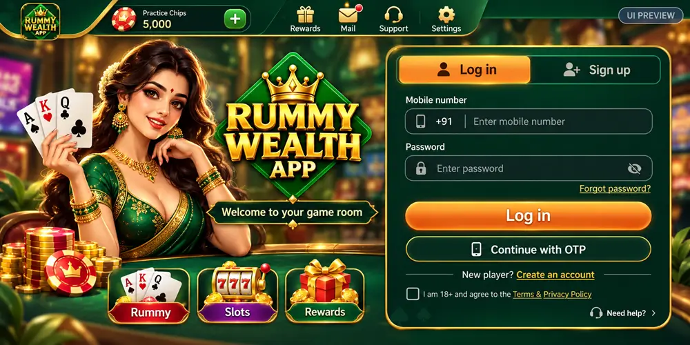 Rummy Wealth login screen preview with a mobile number field, password field, and a continue with OTP button