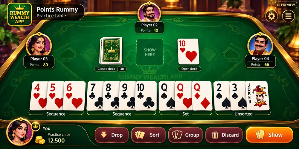 Points Rummy practice table showing sequences, a set of queens, and a joker left in the unsorted group