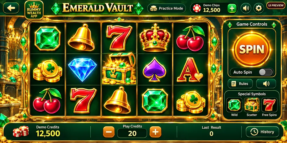 Emerald Vault slot screen in practice mode showing demo chips, a spin button, and wild, scatter and free-spin symbols