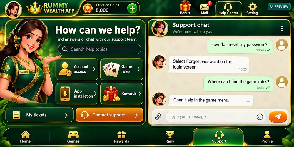 Support chat interface preview answering where to reset a password and where to find game rules
